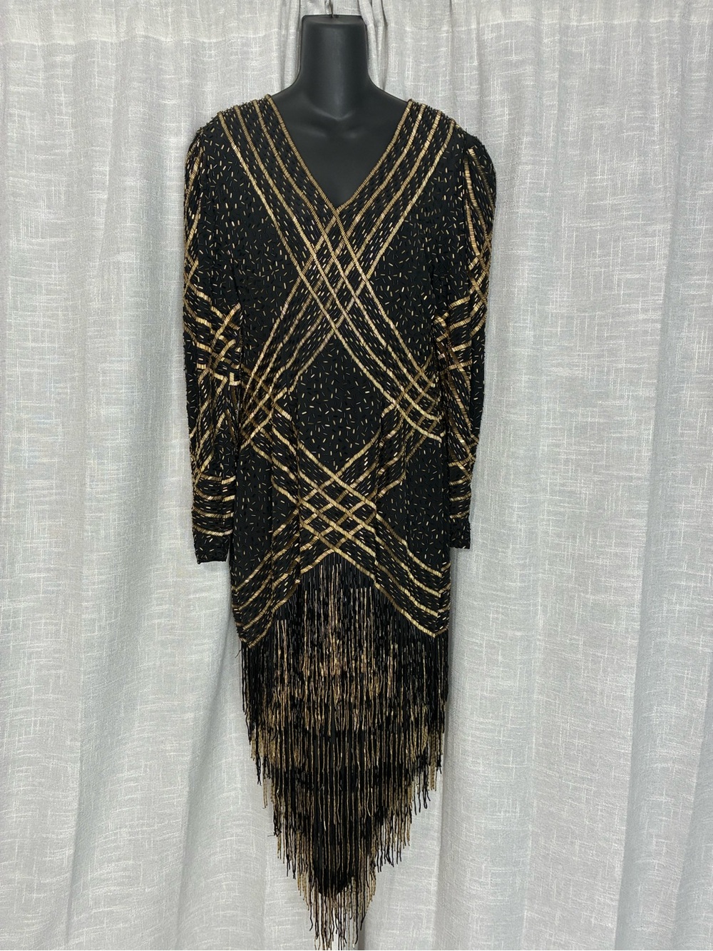 Cache Black and Gold Long-Sleeve Fringe V-Neck Dress see pics for sizing